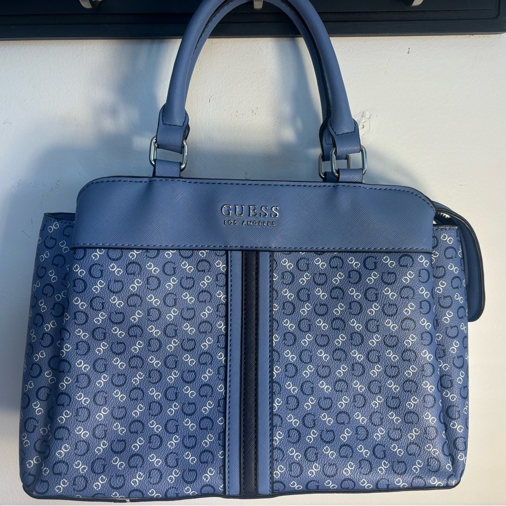 GUESS Navy Monogram Stripe Satchel